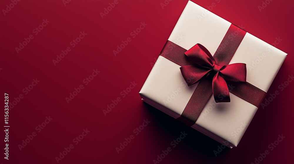 White Gift Box Open with Red Ribbon Bow on Dark Red Background Shadow Minimal Conceptual 3D Rendering White Gift Box Open with Red Ribbon Bow on Dark Red Background Shadow Minimal Conceptual 3D Rendering