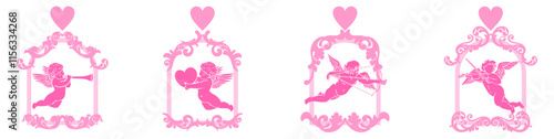 swirls vintage valentine frame with cupid and hearts decoration, for Love wedding and Valentine's day concept romance vector	