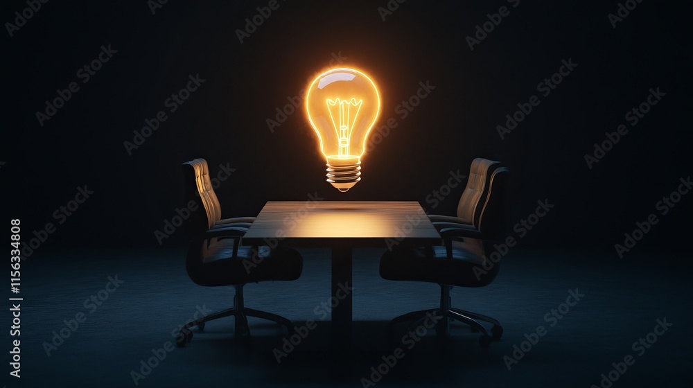Illuminated business meeting table with glowing lightbulb design in modern office space Illuminated business meeting table with glowing lightbulb design in modern office space