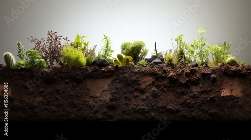 Realistic Black Soil with Diverse Green Plants and Vegetation Growing in a Designed Fashion on a Light Background photo