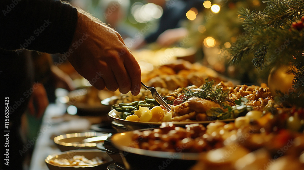 Obraz premium Delicious buffet spread at a festive gathering with joyful participants enjoying food. 