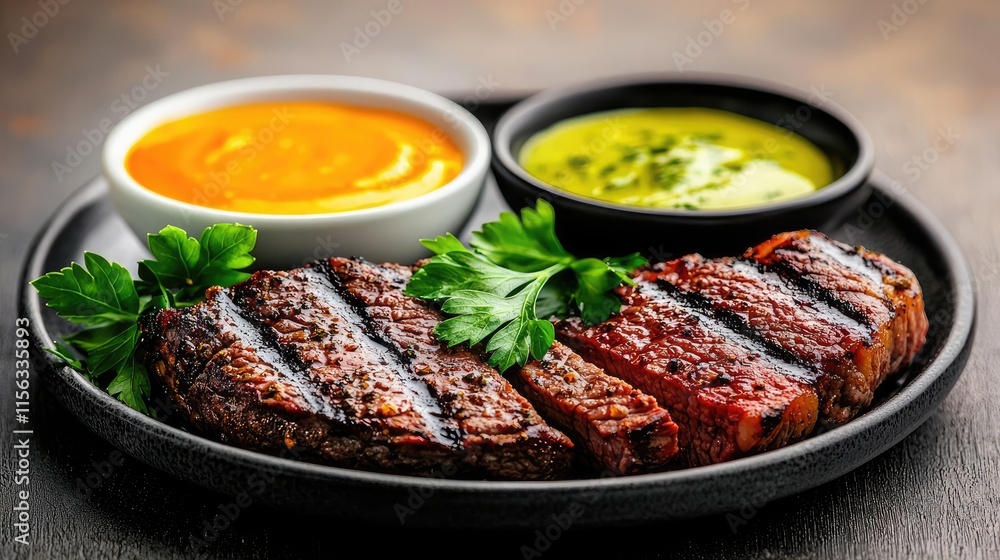 Steak serve idea. Delicious grilled steak served with vibrant sauces on a rustic plate. Steak serve idea. Delicious grilled steak served with vibrant sauces on a rustic plate.