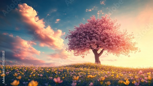 A majestic cherry blossom tree stands tall in a field of wildflowers at sunrise, bathed in warm golden light.  A vibrant display of spring nature.