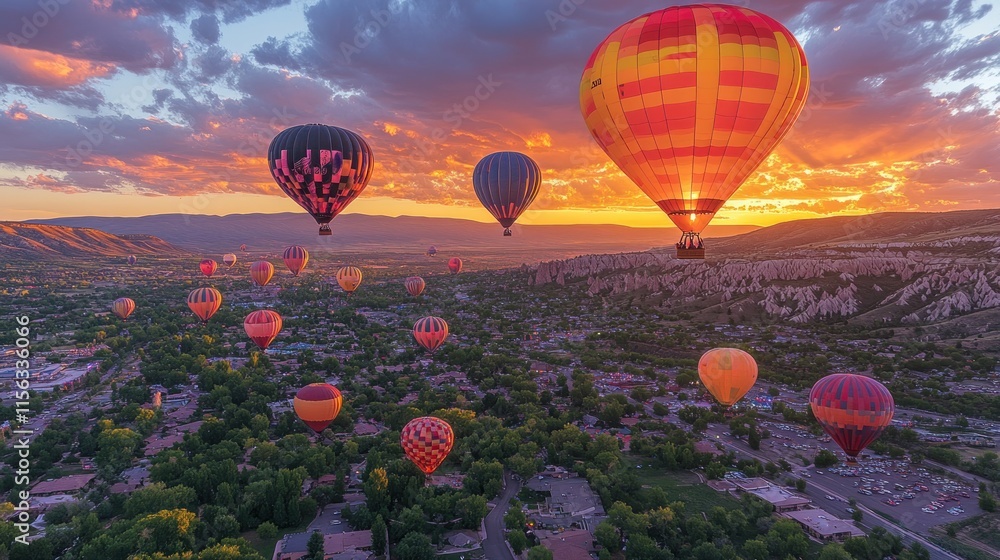 Fototapeta premium A stunning sunset scene featuring colorful hot air balloons over a picturesque landscape.