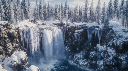A breathtaking waterfall pours over jagged icy cliffs in a remote, pristine landscape, with snow-laden pine trees in the background.