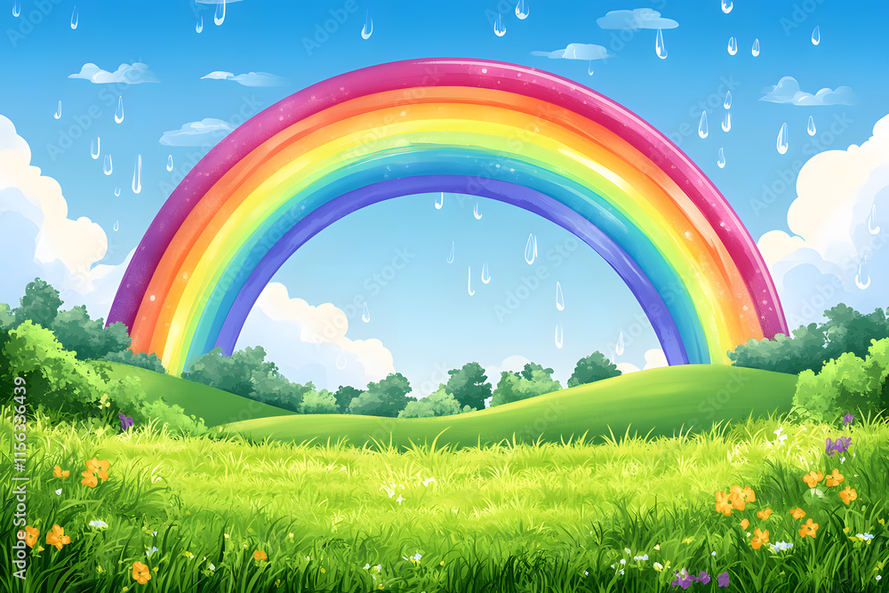 Vivid rainbow stretching across a lush green field under a clear post-rain sky Vivid rainbow stretching across a lush green field under a clear post-rain sky