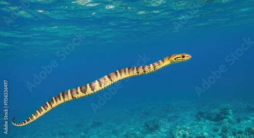 Yellow banded sea snake swimming underwater ocean photo