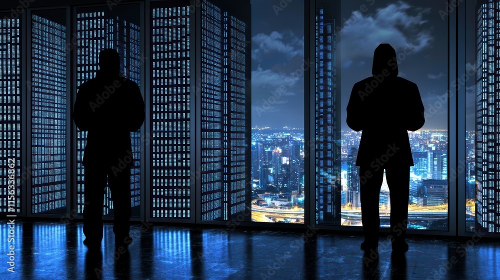 Fototapeta premium Silhouetted Figures Overlooking Cityscape from High-Rise Building