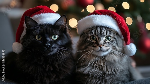 festive close-up photograph featuring two cats sitting side by side, both wearing red and white Santa hats