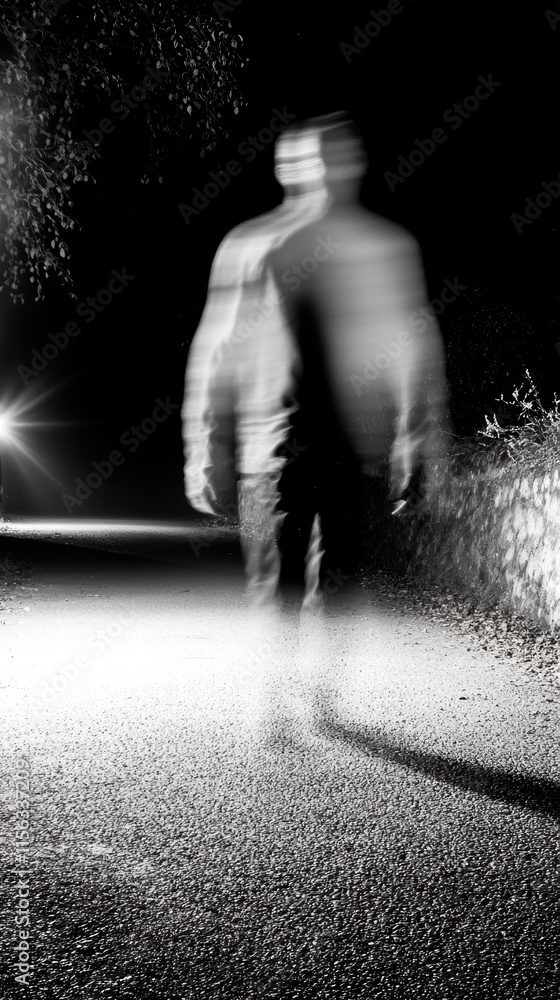 Obraz premium Mysterious Figure Walking on a Dimly Lit Path at Night