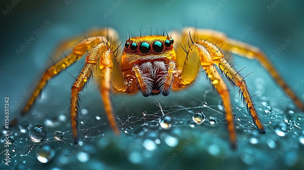 Golden Jumping Spider on Dew Covered Web Golden Jumping Spider on Dew Covered Web