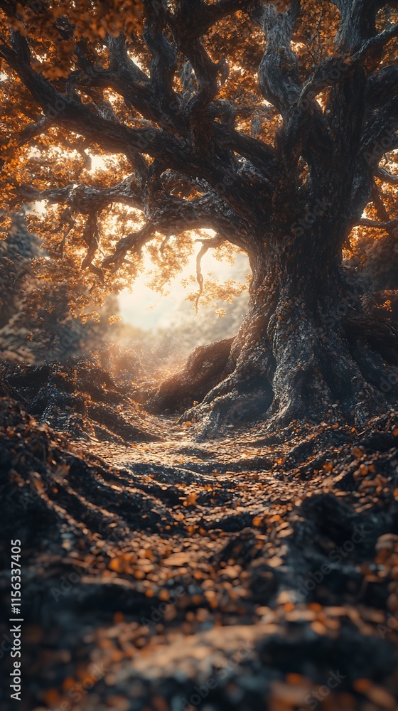 Mystical ancient tree in a forest. Concept of magic, nature, and wonder. Mystical ancient tree in a forest. Concept of magic, nature, and wonder.