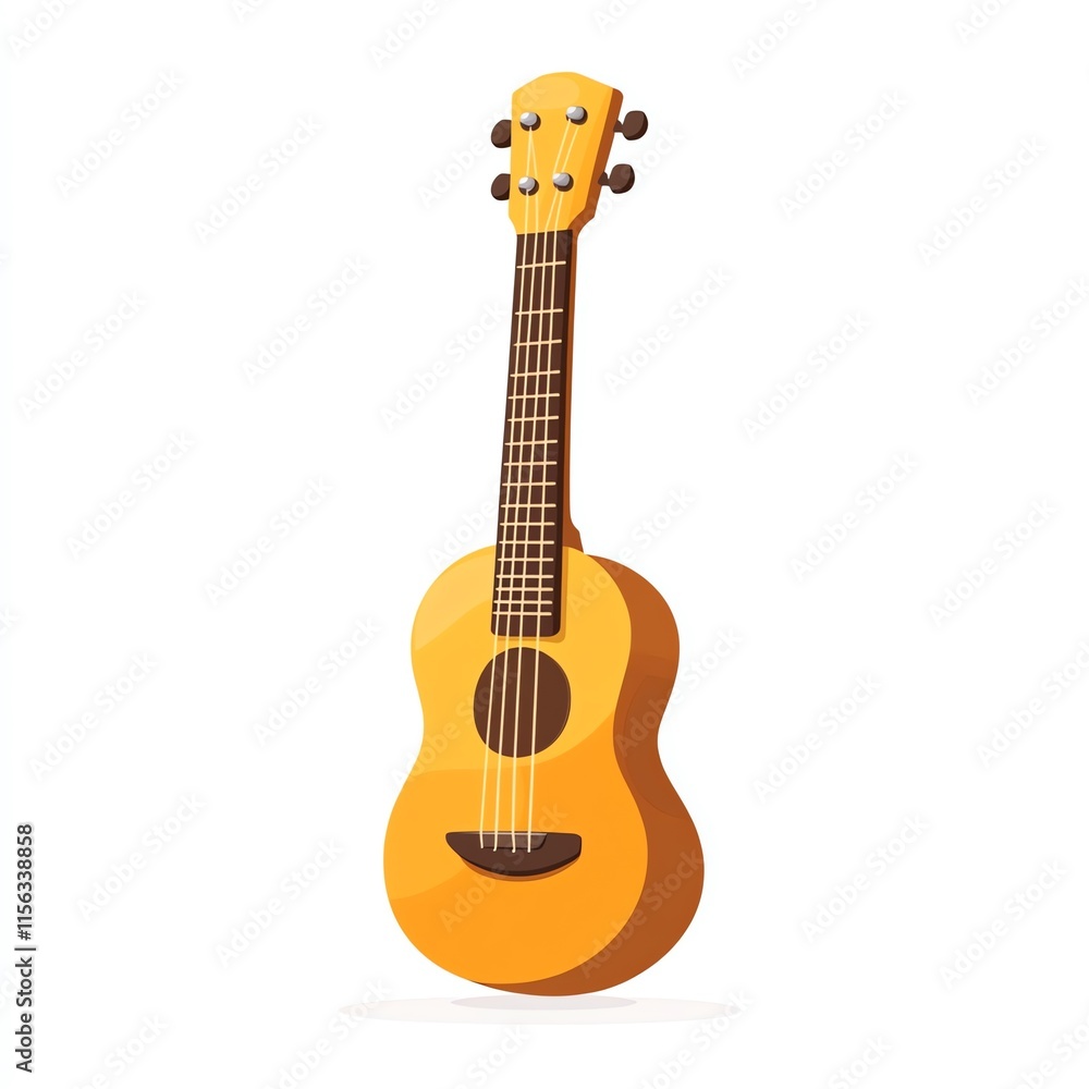 Naklejka premium A yellow acoustic guitar with six strings on a white background.