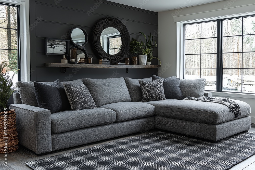 Fototapeta premium Modern living room with dark grey fabric multifunctional sofa, chaise, two accent chairs, black plaid rug, and white metal shelf with wall mirrors. Contemporary home decor ideas.