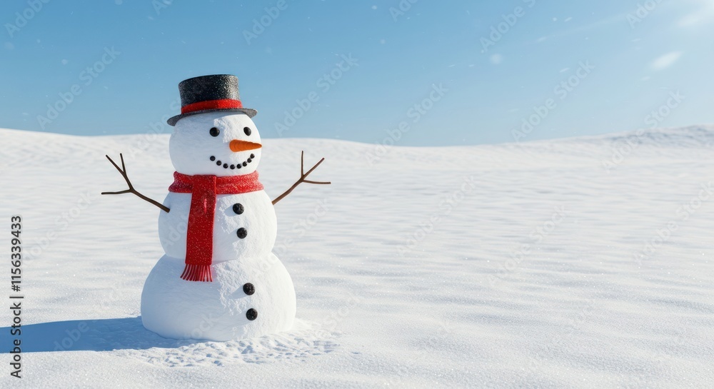 Obraz premium A cheerful snowman stands in a snowy winter landscape