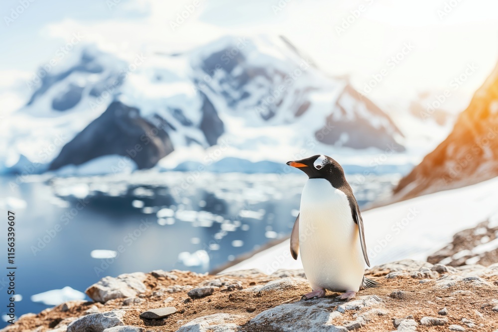 Fototapeta premium Gentoo penguin standing on rocky shore in Antarctica with faded colors and stunning icy landscape in the background