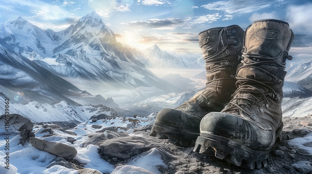 Sturdy hiking boots atop snowy mountain peak at sunrise. Sturdy hiking boots atop snowy mountain peak at sunrise.