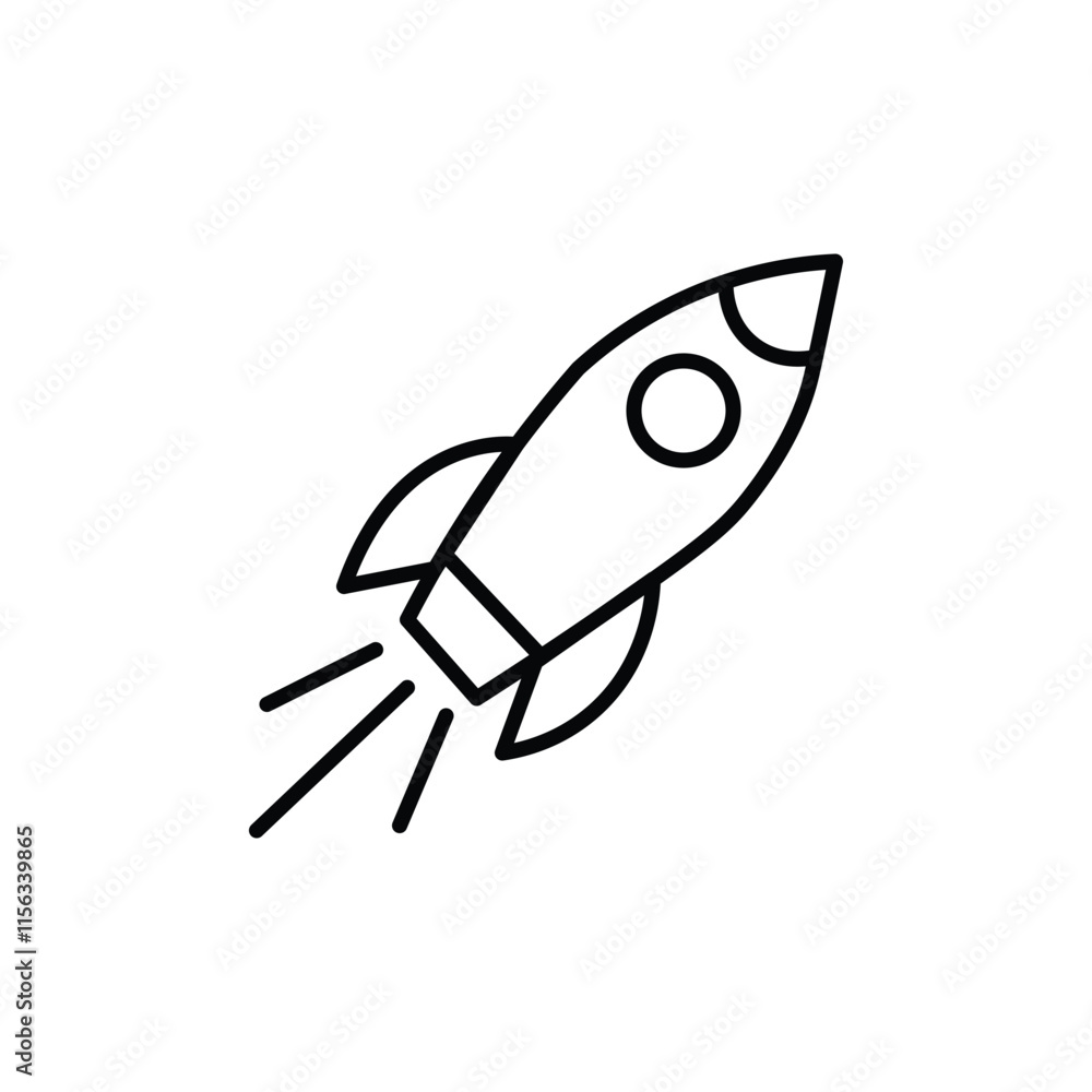 Rocket outline ship icon with fire isolated on white Vector illustration with flying rocket isolated Rocket outline ship icon with fire isolated on white Vector illustration with flying rocket isolated