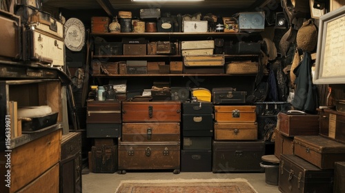 Antique wooden storage boxes, trunks, and suitcases fill a dimly lit, cluttered room.