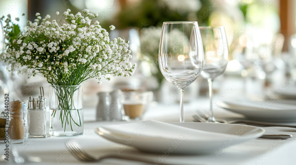 Elegant dining table set with flowers and crystal glasses for a special occasion Elegant dining table set with flowers and crystal glasses for a special occasion