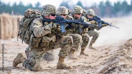 A group of soldiers tactically clears an enemy compound, moving methodically through rooms and taking defensive positions, demonstrating teamwork and precision in a high-pressure environment. photo