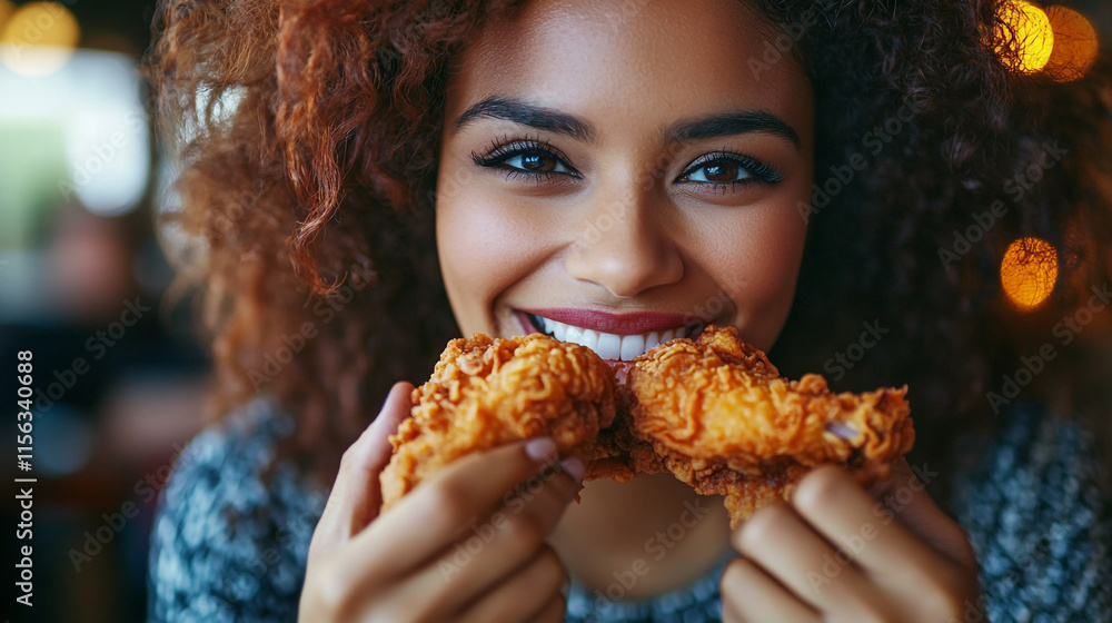 Naklejka premium Young woman enjoying crispy fried chicken in a cozy restaurant setting. 