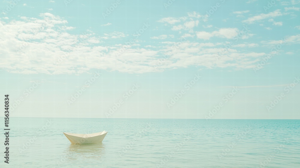 Naklejka premium Serene Seascape with Minimalist Boat on Calm Blue Water
