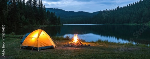 Campfire camp concept. A serene camping scene by a lake with a glowing tent and warming campfire at night.