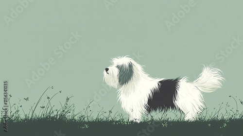A minimalist side-profile drawing of an Old English Sheepdog standing on a grassy patch, its fur gently blowing in the wind