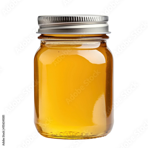 Small Jar of Golden Honey with Metal Lid Isolated