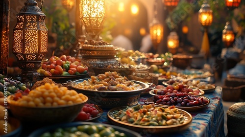 Abundant Middle Eastern buffet table with various fruits, nuts, and dishes under warm lanterns at night. photo