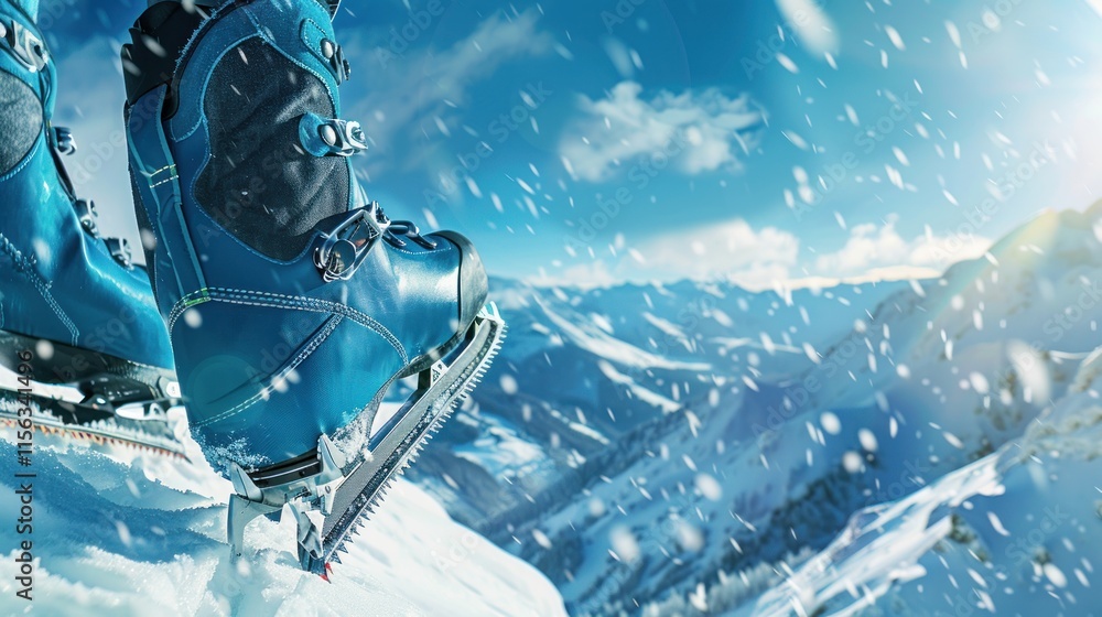 Fototapeta premium Ski boots on snowy mountain peak.