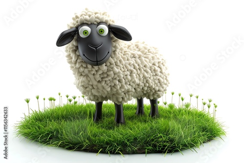 Cute cartoon sheep standing in green grass. photo