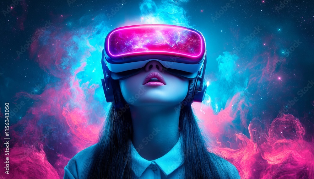 Virtual reality user in neon galaxy digital artwork futuristic environment immersive concept Virtual reality user in neon galaxy digital artwork futuristic environment immersive concept