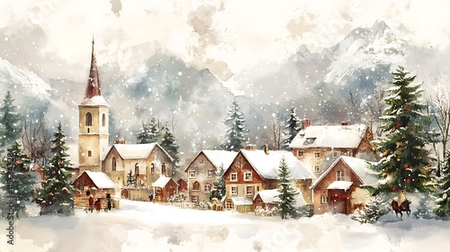 watercolor painting depicting a quaint winter village scene features a cluster of charming, snow covered houses with steep roofs, painted in warm tones of red, brown, and beige