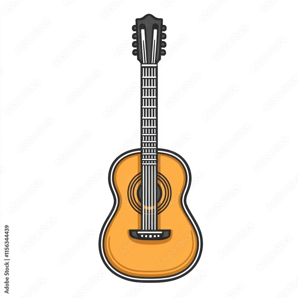 Obraz premium Acoustic guitar illustration with detailed strings and body on white background.