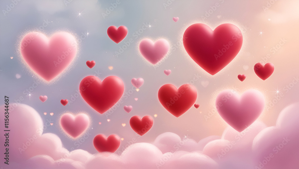 Pink and red hearts floating on a soft pastel background, hearts of varying sizes with a subtle glowing effect, surrounded by a dreamy atmosphere of faint clouds and light sparkles Pink and red hearts floating on a soft pastel background, hearts of varying sizes with a subtle glowing effect, surrounded by a dreamy atmosphere of faint clouds and light sparkles