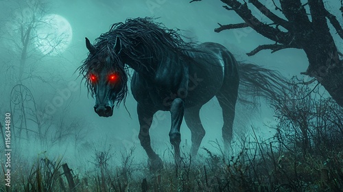 Nightmare's Black Stallion: A Dark Fantasy Horse in a Mysterious Moonlit Forest