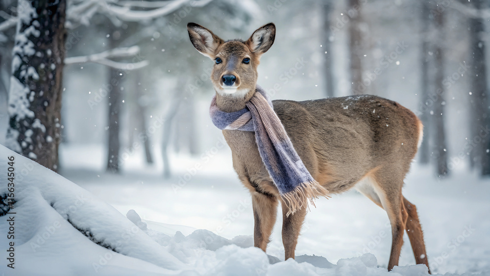 A deer adorned with a warm scarf, standing amidst a snowy forest.Winter wonderland scene featuring a deer with a patterned scarf.Close-up of a deer in a winter forest, showcasing the delicate snowfall A deer adorned with a warm scarf, standing amidst a snowy forest.Winter wonderland scene featuring a deer with a patterned scarf.Close-up of a deer in a winter forest, showcasing the delicate snowfall