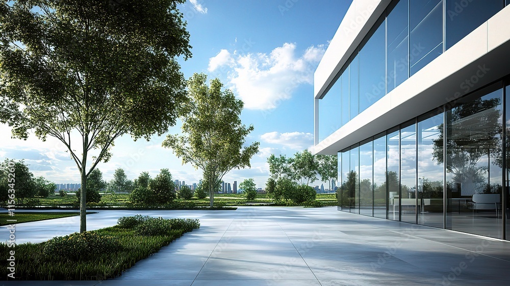 Modern Office Building Exterior: A contemporary office building with sleek glass facade and lush green landscaping, bathed in warm sunlight, creating a serene and inspiring workspace. Modern Office Building Exterior: A contemporary office building with sleek glass facade and lush green landscaping, bathed in warm sunlight, creating a serene and inspiring workspace.