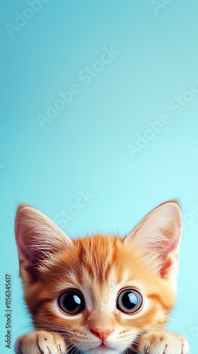 Ginger Kitten Peeking Over Edge with Big Curious Eyes Against Bright Blue Background – Playful and Minimalist Animal Mobile Phone Photography