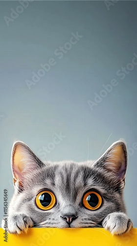 Gray Tabby Kitten with Big Yellow Eyes Peeking Over a Bright Yellow Edge – Playful and Adorable Pet Portrait