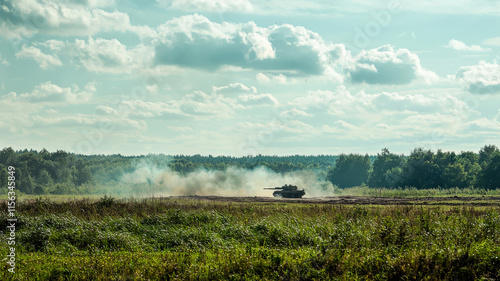 Heavy artillery piece fires in the distance, launching a shell towards the target area. Smoke and debris rise dramatically, showcasing the intensity of the bombardment. photo