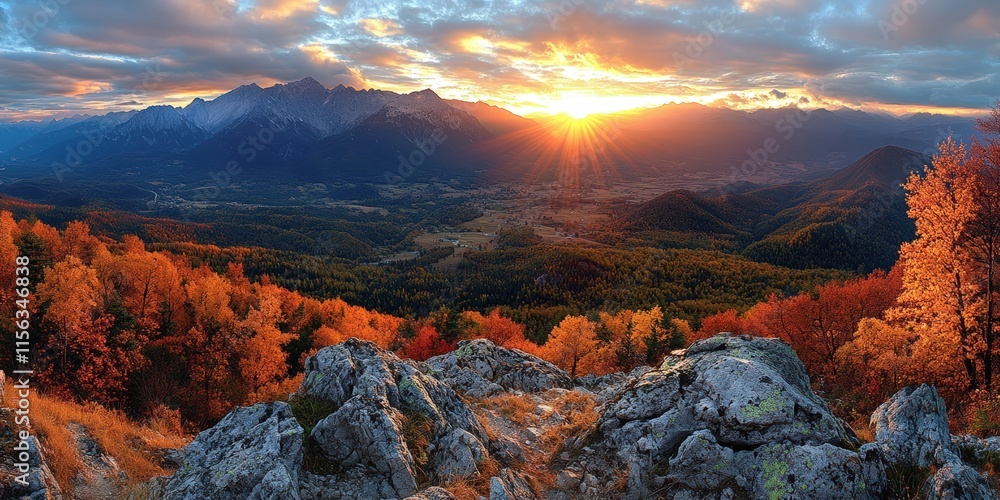 Naklejka premium Breathtaking Autumn Panorama of Mountains with Vibrant Fall Foliage and Dramatic Sky at Sunset