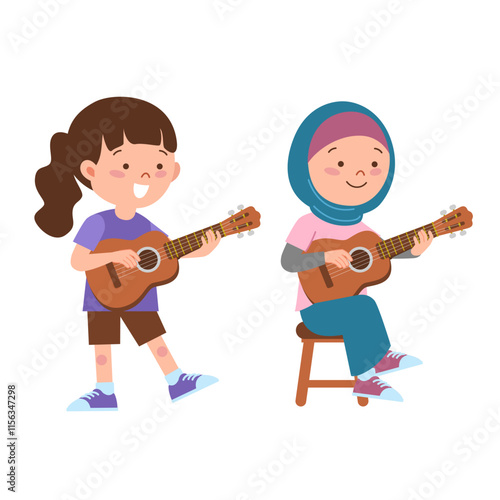 Two girls playing guitar or ukulele