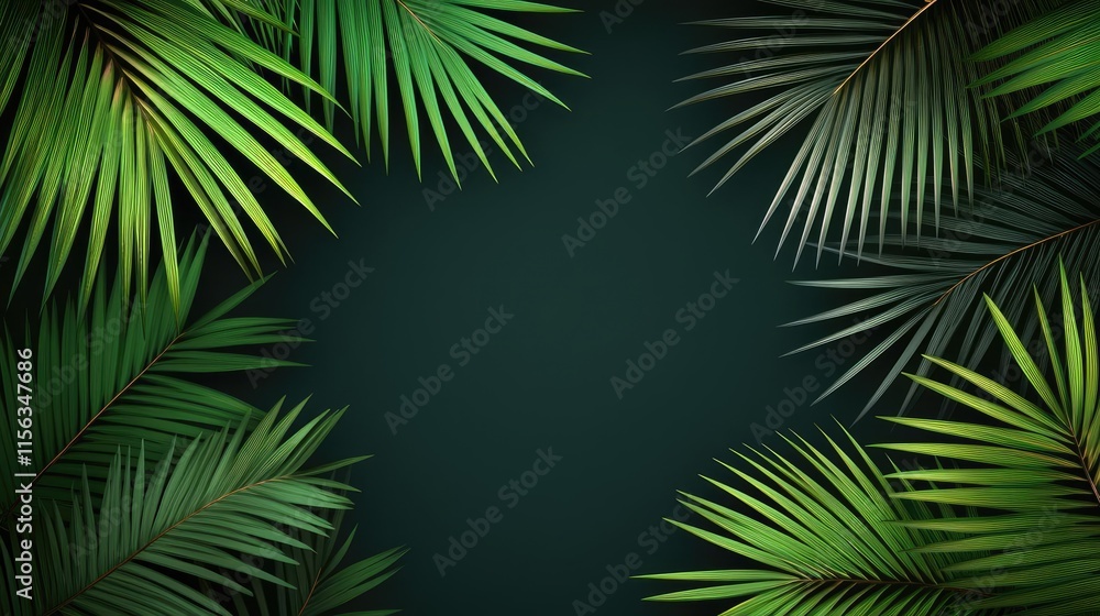 Greenery palms idea. A vibrant and lush arrangement of palm leaves framing a dark background. Greenery palms idea. A vibrant and lush arrangement of palm leaves framing a dark background.