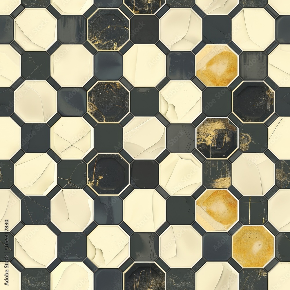Obraz premium A patterned surface featuring hexagonal tiles in various colors and textures.