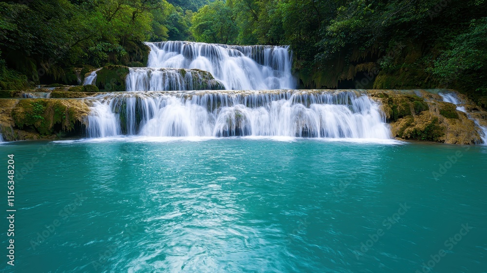 Fototapeta premium A serene waterfall cascades over rocks into a turquoise pool, surrounded by lush greenery, creating a tranquil natural oasis.