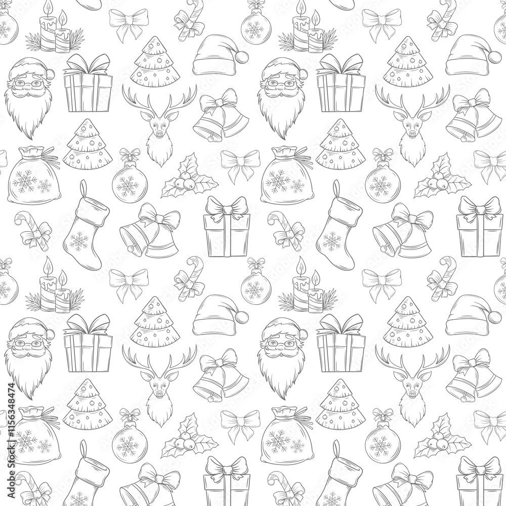Seamless pattern with black toy balls, heart, star on white background. Flat line pine tree decoration icons, cute repeat wallpaper. Nice element for christmas banner, wrapping. New year ornament. Seamless pattern with black toy balls, heart, star on white background. Flat line pine tree decoration icons, cute repeat wallpaper. Nice element for christmas banner, wrapping. New year ornament.