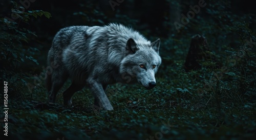 Arctic Wolf Stalking Through Dark Forest Undergrowth